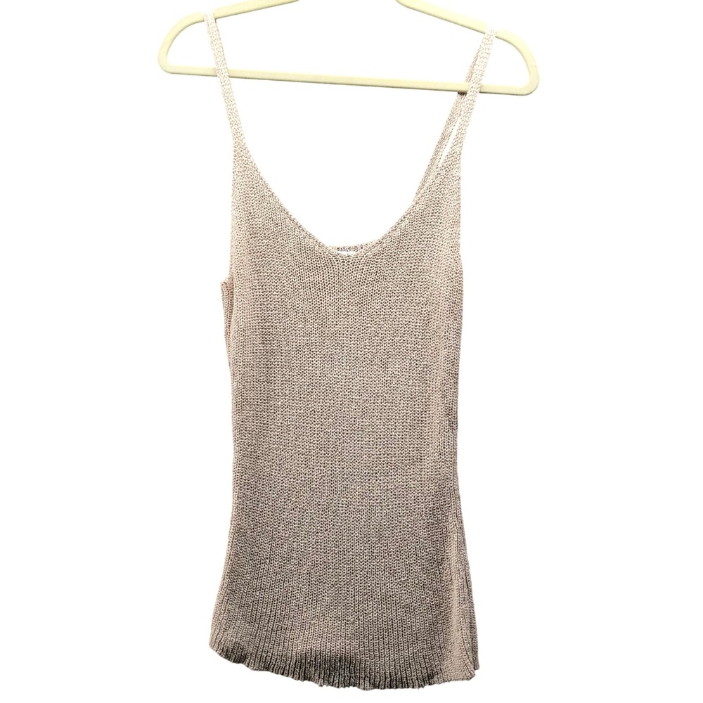 Vintage Y2K Arden B Knit Cami Tank Top Womens M Beige Open Crochet Scoop Neck